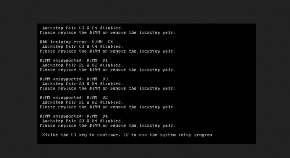 screenshot of the server console reporting unsupported DIMMs
